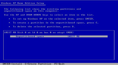 Windows XP installer partition screen