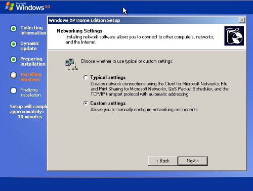 Windows XP installer network options
