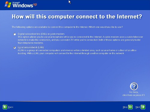 Windows XP installer LAN option