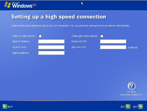 Windows XP installer IP address settings